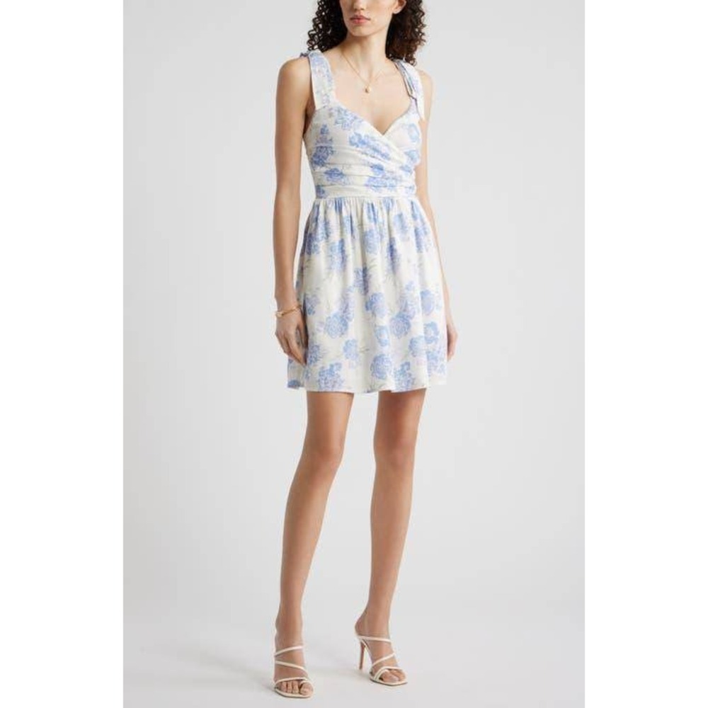 Chelsea28 Women Floral Linen Tie Strap Mini Dress Blue White M Cottagecore